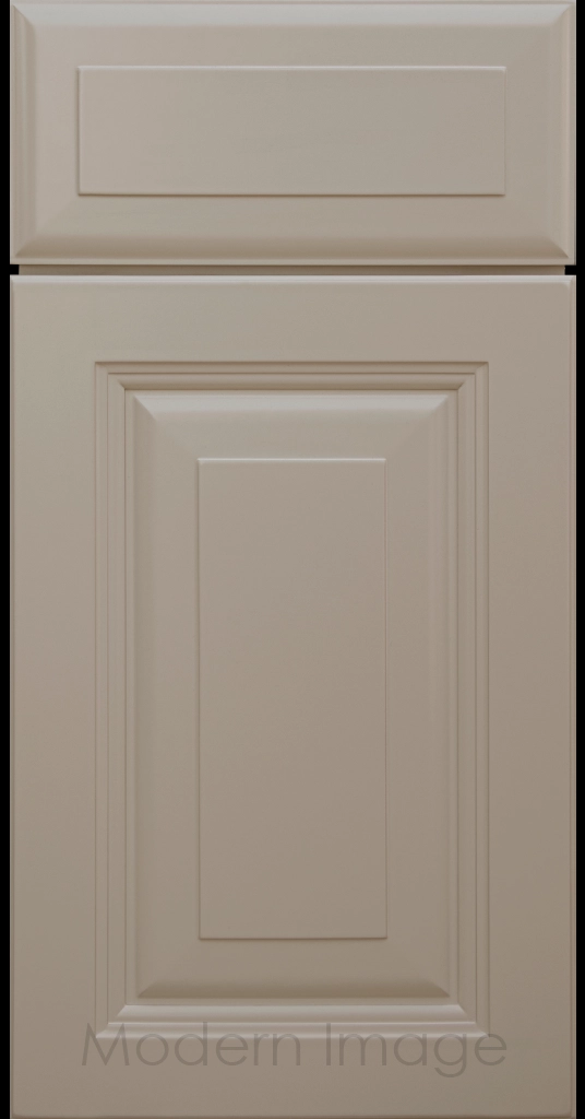 Durango raised panel cabinet door in a French Gray color featuring a stepped molded frame.